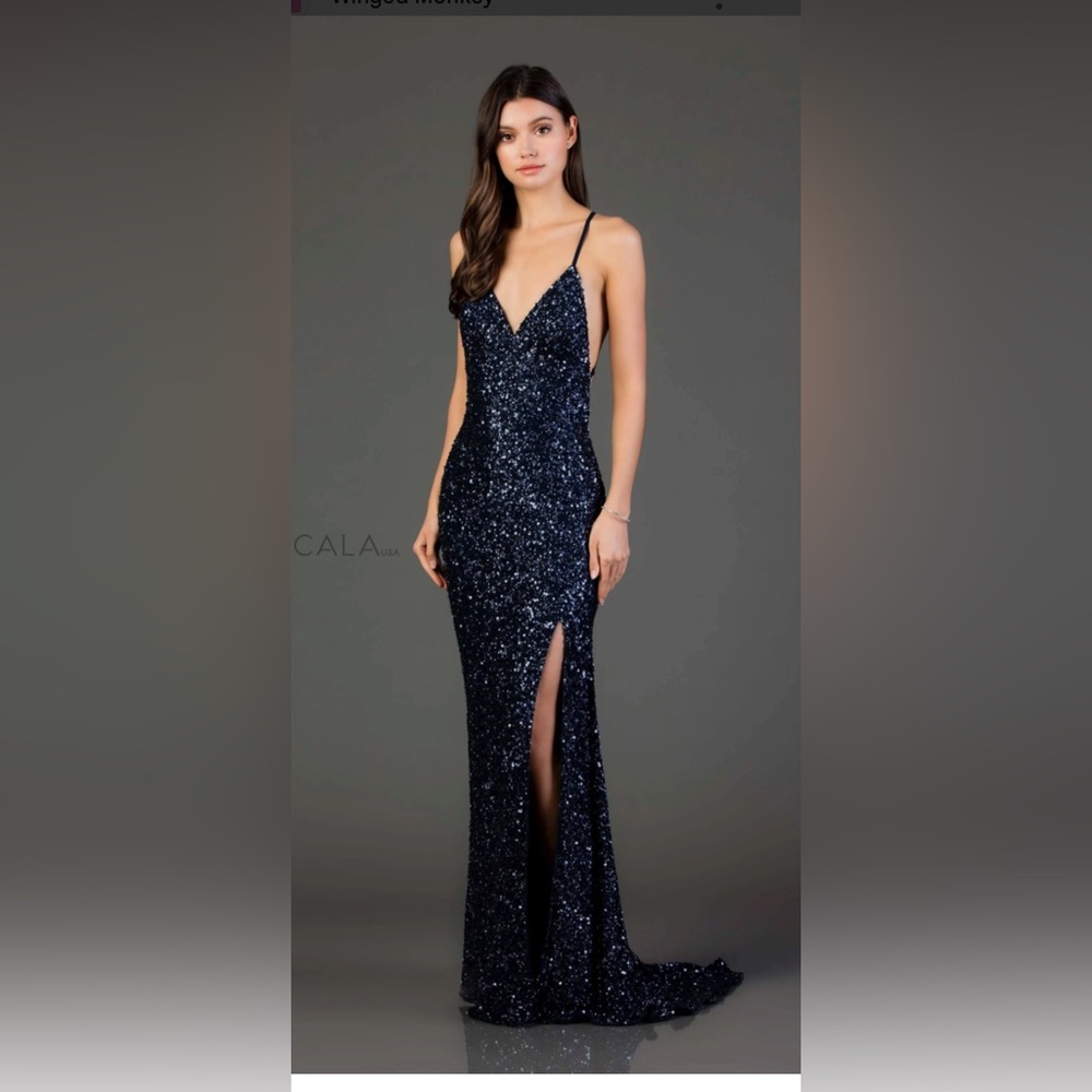 Scala Blue Sequin Embellished Gown with Slit